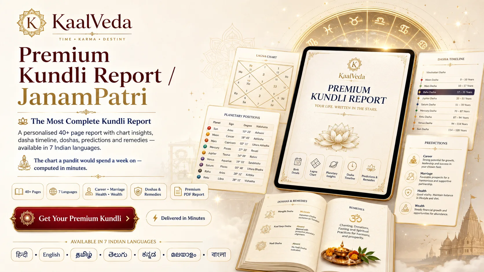 Premium Kundli Report / JanamPatri — a personalised 40+ page report with Lagna chart, planetary positions, Dasha timeline, doshas, predictions and remedies, available in 7 Indian languages.