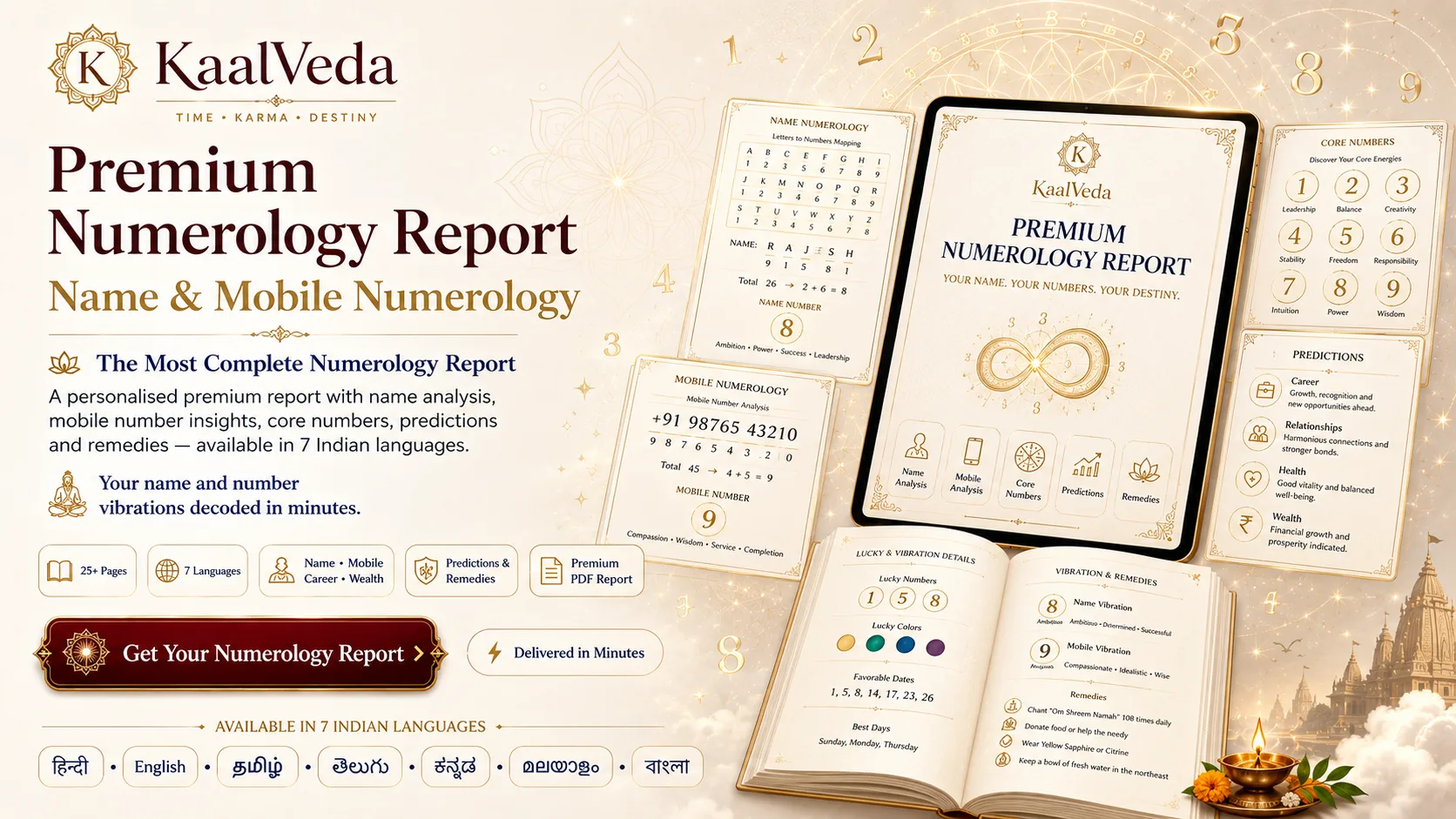 Premium Numerology Report — Name & Mobile Numerology with core numbers, predictions and remedies, available in 7 Indian languages.