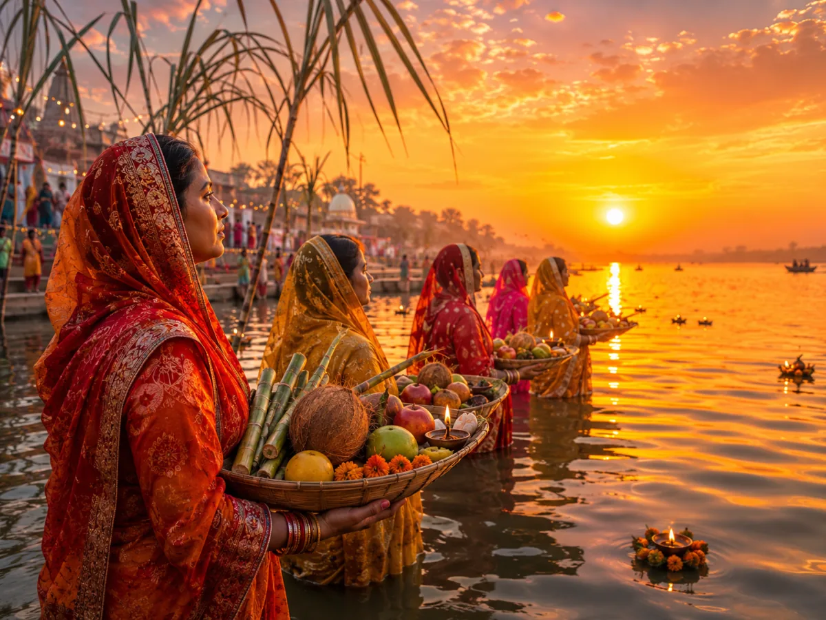 Chhath Puja — A rigorous four-day fast honoring the Sun God, centered on offering arghya at sunrise and sunset from riverbanks.