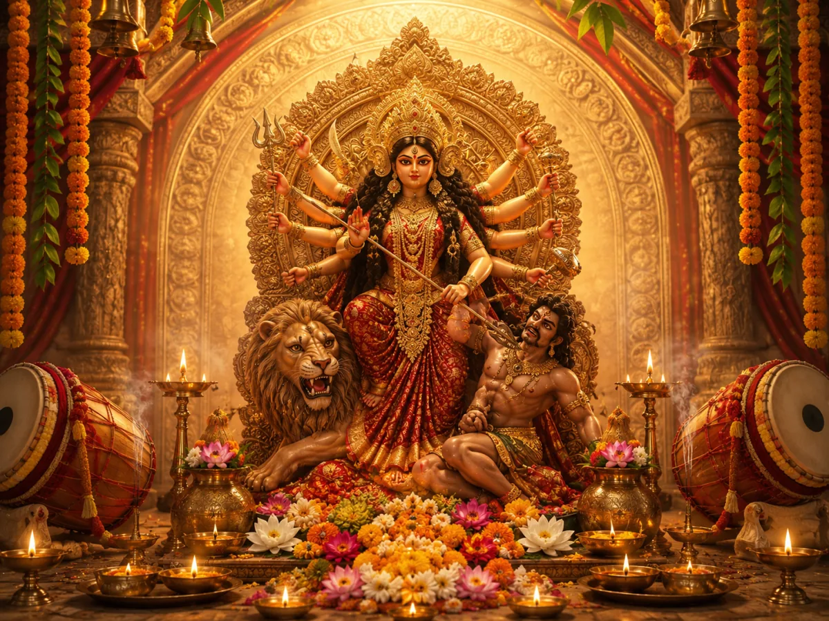 Durga Puja — Bengal's grandest festival — five days of elaborately sculpted Durga idols, community pandals, and citywide celebration.
