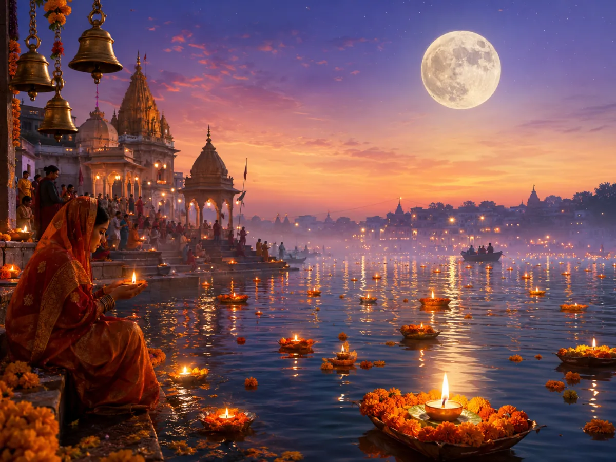Kartik Purnima — The full moon of Kartik — Varanasi's ghats lit with a million lamps as "the Diwali of the gods," and Guru Nanak's birthday.