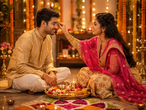 Bhai Dooj — The closing day of Diwali — sisters pray for their brothers' long life with a tilak ceremony.