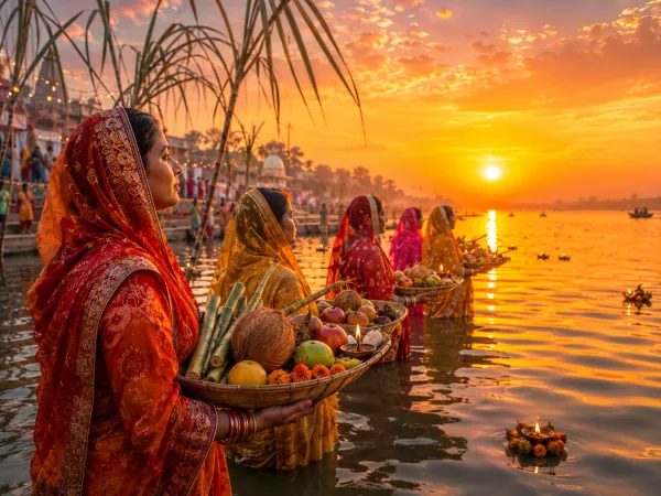 Chhath Puja — A rigorous four-day fast honoring the Sun God, centered on offering arghya at sunrise and sunset from riverbanks.