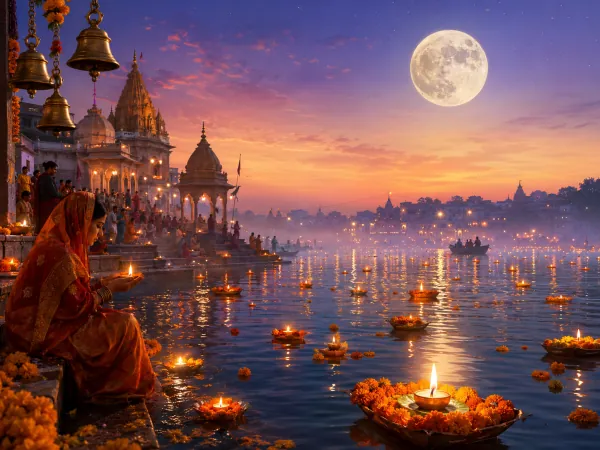 Kartik Purnima — The full moon of Kartik — Varanasi's ghats lit with a million lamps as "the Diwali of the gods," and Guru Nanak's birthday.